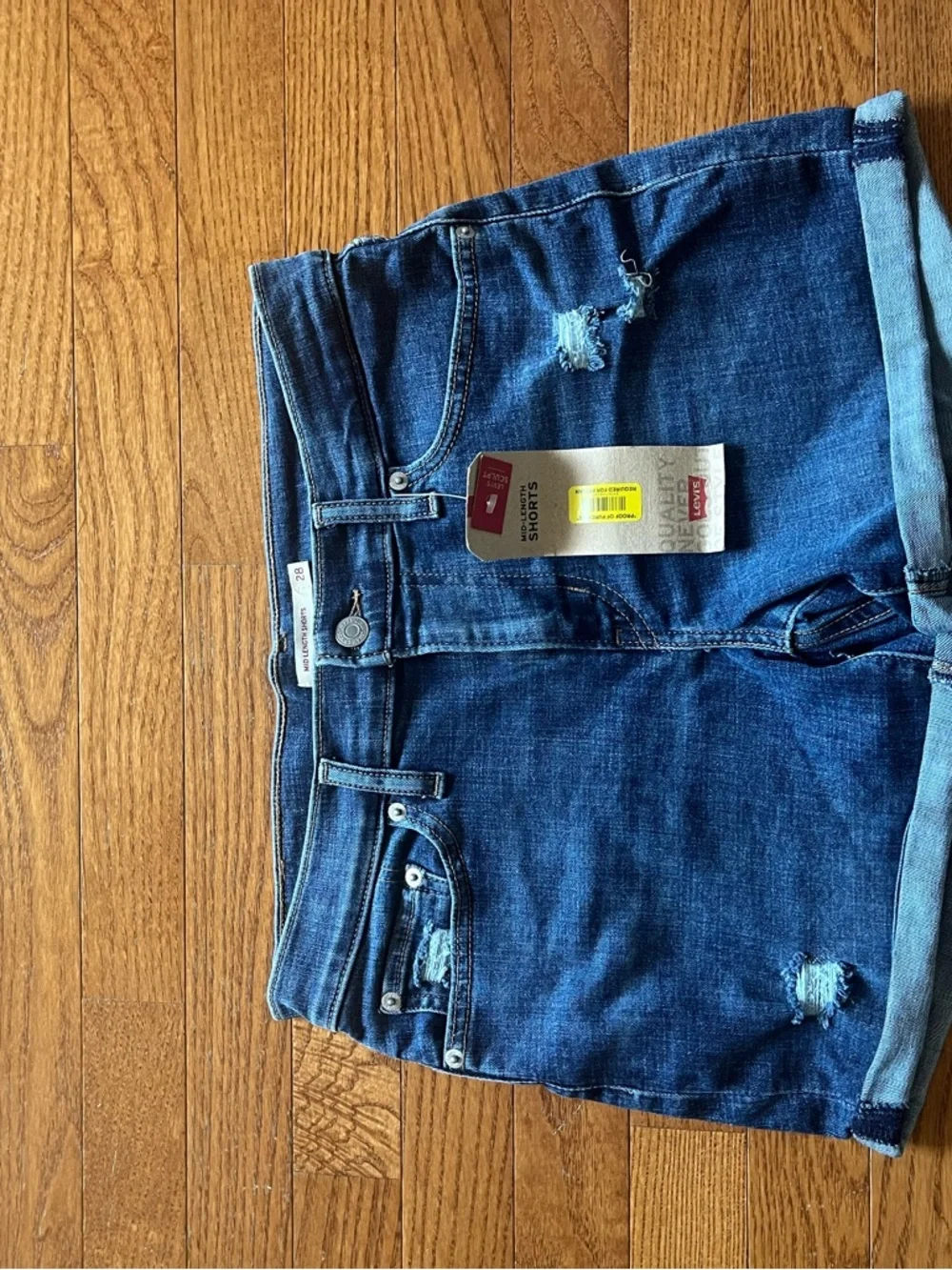 Levi's Dark Blue Distressed Denim Roll-Cuff Shorts - Picture 2 of 6